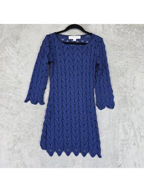Lesley Evers Dress Womens XS Blue Crochet Chevron Sheath Mini 3/4 Sleeve Party